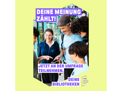 Werbefoto für die Sentobib-Umfrage mit fünf Personen, die auf ein Handy schauen