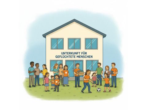 Menschen vor einer Unterkunft für Geflüchtete, die verschiedenen Tätigkeiten wie Erzählen oder Spielen nachgehen.