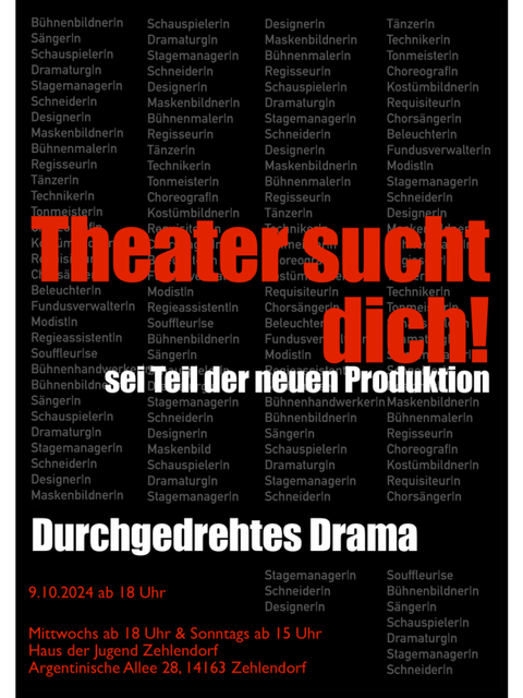 Flyer: „Durchgedrehtes Drama“ – Theater sucht dich! Sei Teil der neuen Produktion ab dem 9. Oktober 2024. (Bild: Durchgedrehtes Drama)