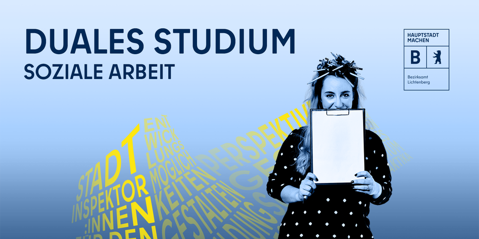 Junge Frau mit Bleistiften im Haar und Klemmbrett, Illustration, Schriftzug Duales Studium Soziale Arbeit