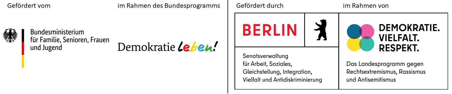 Förderlogos der Senatsverwaltung für Arbeit, Soziales, Gleichstellung, Integration, Vielfalt und Antidiskriminierung sowie des Bundesministeriums für Familie, Senioren, Frauen und Jugend