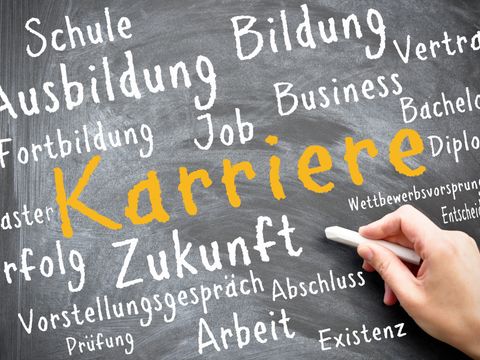 Auf einer Tafel wurden verschiedene Begriffe zum Thema Karrie wie z.B. Zukunft, Erfolg, Ausbildung, Diplom, Vertrag, Job in weißer Schrift und in der Mitte das Wort Karriere in oranger Schrift hervorgehoben