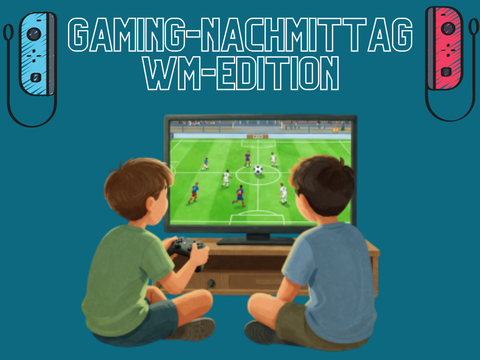 Teaserbild zum WM-Gaming (Illustration: 2 Kinder spielen an der Konsole Fußball)