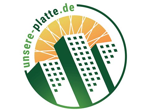 Kreis mit Hochhäusern und der Aufschrift "unsere-platte.de"