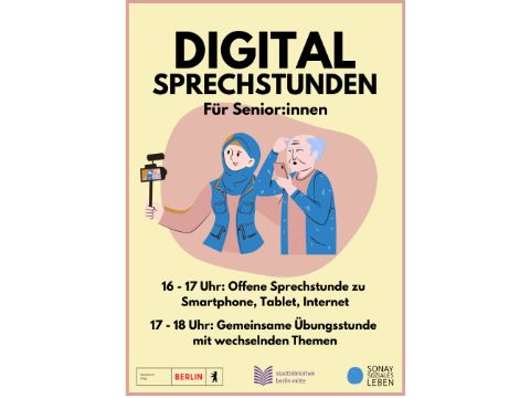 Plakat Digitale Sprechstunde mit einer Grafik mit einer jungen Frau und einen Senior, die beide ein Handy in der Hand halten