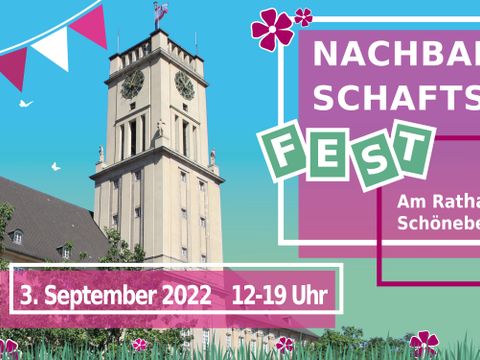 Buntes Titelbild zum Nachbarschaftsfest mit Rathausgebäude