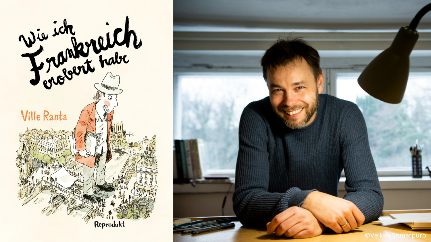 Coverabbildung und Portrait des Autoren am Schreibtisch sitzend