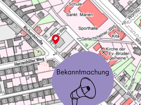 Bekanntmachung Richardstraße 92, Kartenansicht mit roter Markierung der Adresse und lila Störer mit Megafon und Schrift: Bekanntmachung