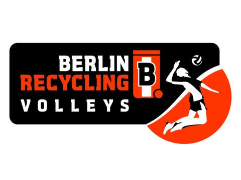 Logo BR Volleys. Schriftzug und Mensch, der kurz davor ist den Volleyball zu schlagen