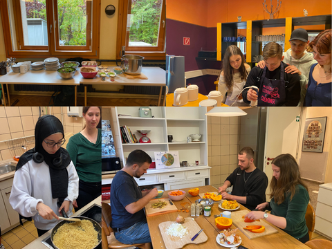 Vier Bilder zeigen die Auszubildenden beim Kochen und ein Bild zeigt das Buffet