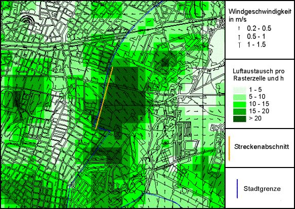 Luftaustausch pro Rasterzelle sowie autochthones Strömungsfeld im Bereich Mahlsdorf während einer austauscharmen sommerlichen Strahlungswetternacht