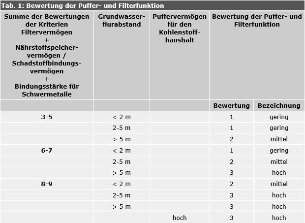 Tab. 1: Bewertung der Puffer- und Filterfunktion