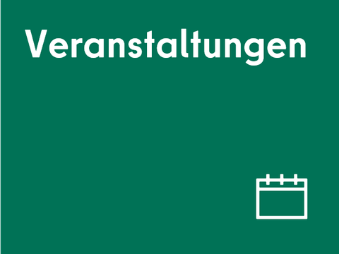 Kachel Veranstaltungen mit weißem Text auf Dunkelgrün, unten rechts das Symbol eines Kalenders