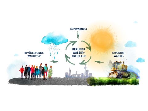 Der Berliner Wasserkreislauf wird beeinflusst vom Bevölkerungswachstum und Strukturwandel. Aber auch der Klimawandel hat einen entscheidenden Einfluss auf den Wasserkreislauf.