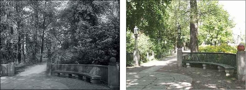 Fotovergleich historisch und heute - Sitzplätze im großen Rondell im Schustehruspark