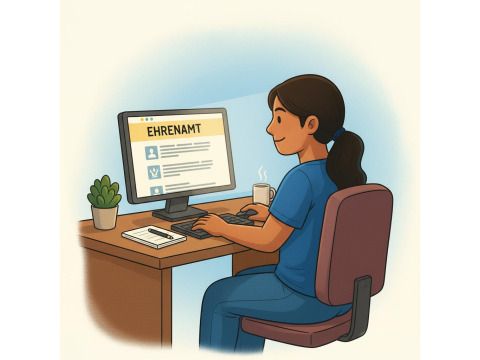 Eine Frau sitzt an einen Schreibtisch und recherchiert am Computer zum Thema Ehrenamt