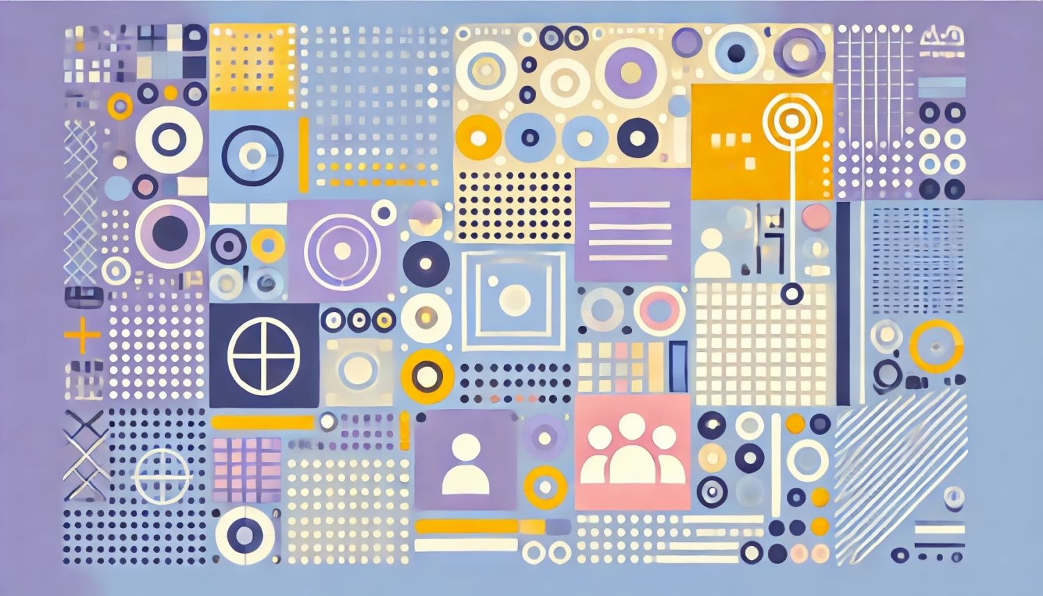 Abstrakte Darstellung von Inklusion mit Punkten, Kreisen, Linien, Rechtecken und Figuren in verschiedenen Farbtönen von Blau, Violett, Orange, Gelb und Rosa.