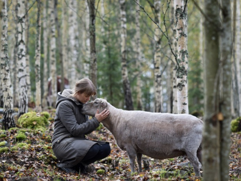 Frau mit Schaf im Wald