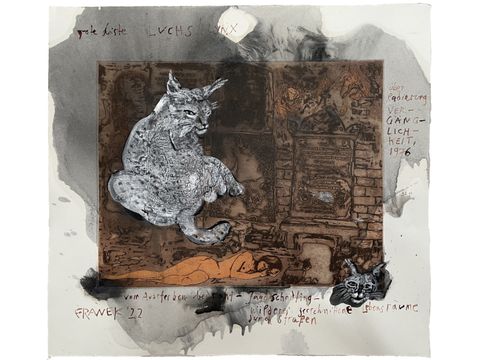 The spirits of vanishing animals (rote Liste) 13, 2022, Mischtechnik über Radierung (Vergänglichkeit II, 1976) / Papier, 46 x 50 cm