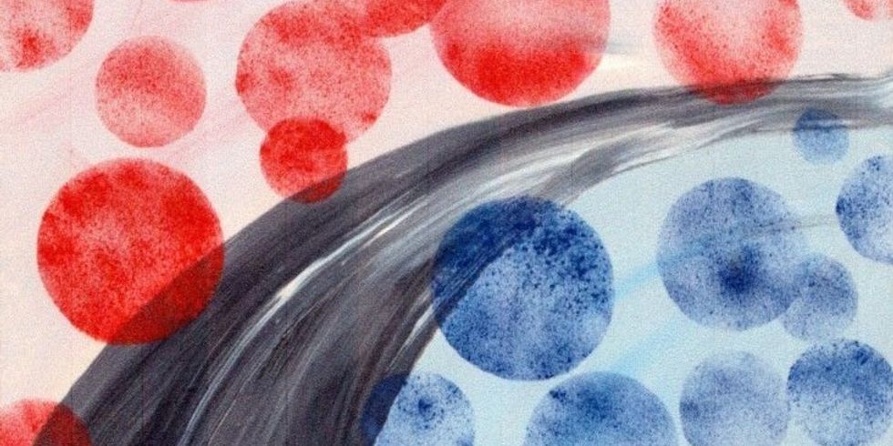 Kunstwerk Antwort, links oben rote Kreise auf hellroten, rechts unten blaue Kreise auf hellblauem Untergrund, getrennt durch einen schwungvollen schwarzen Bogen von der linken unteren Ecke bis rechts oben kurz unter der Ecke