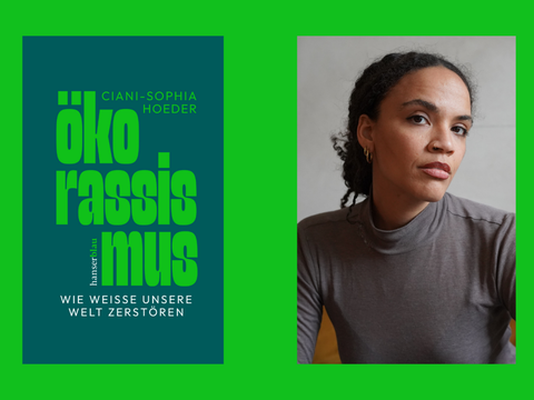 Buchcover und Portrait der Autorin vor grünem Hintergrund