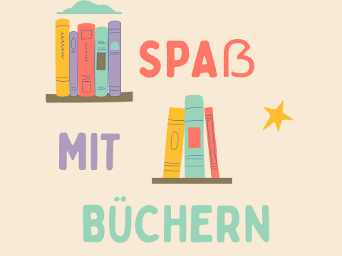 Teaserbild zur Veranstaltung "Spaß mit Büchern" (bunter Schriftzug mit illustrierten Bücherregalen)