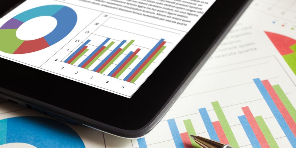 Statistische Aufbereitung auf Blatt mit Kugelschreiber und einem Tablet darüber liegend