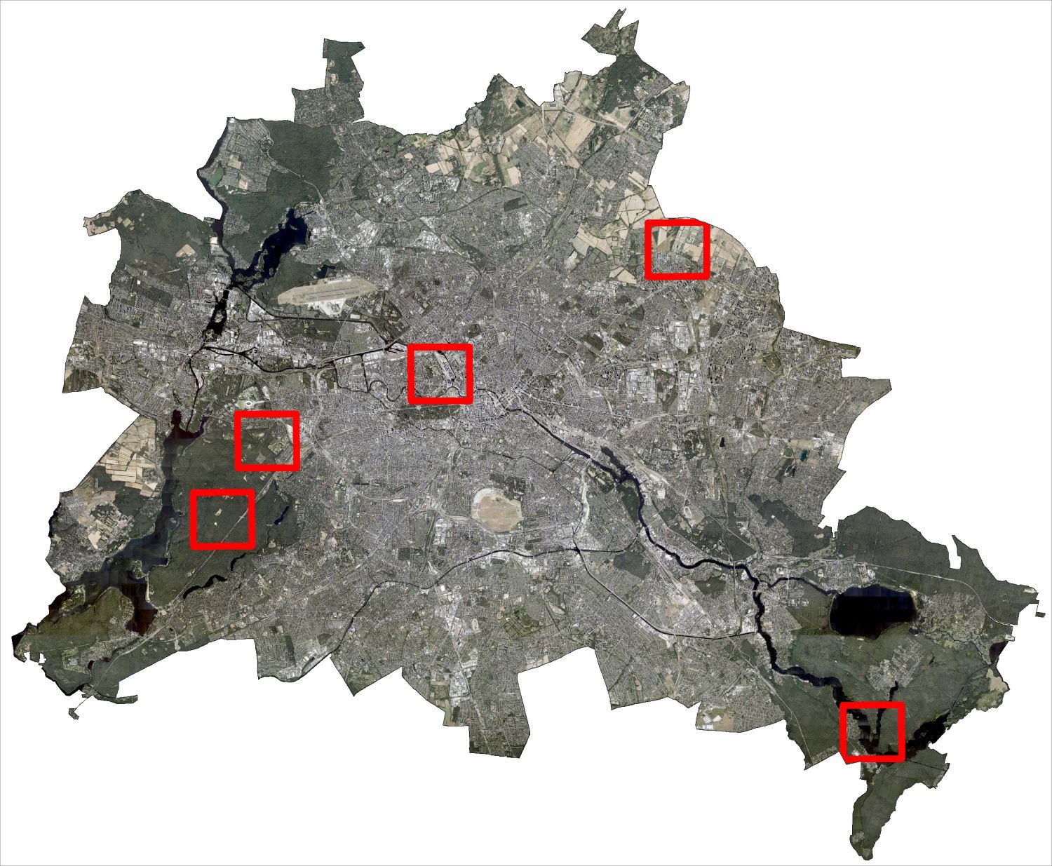 Abb. 5: Lage der Beispielgebiete für die Methodenentwicklung, Hintergrund True-Orthophotos 2020 (Bild: LUP 2021)
