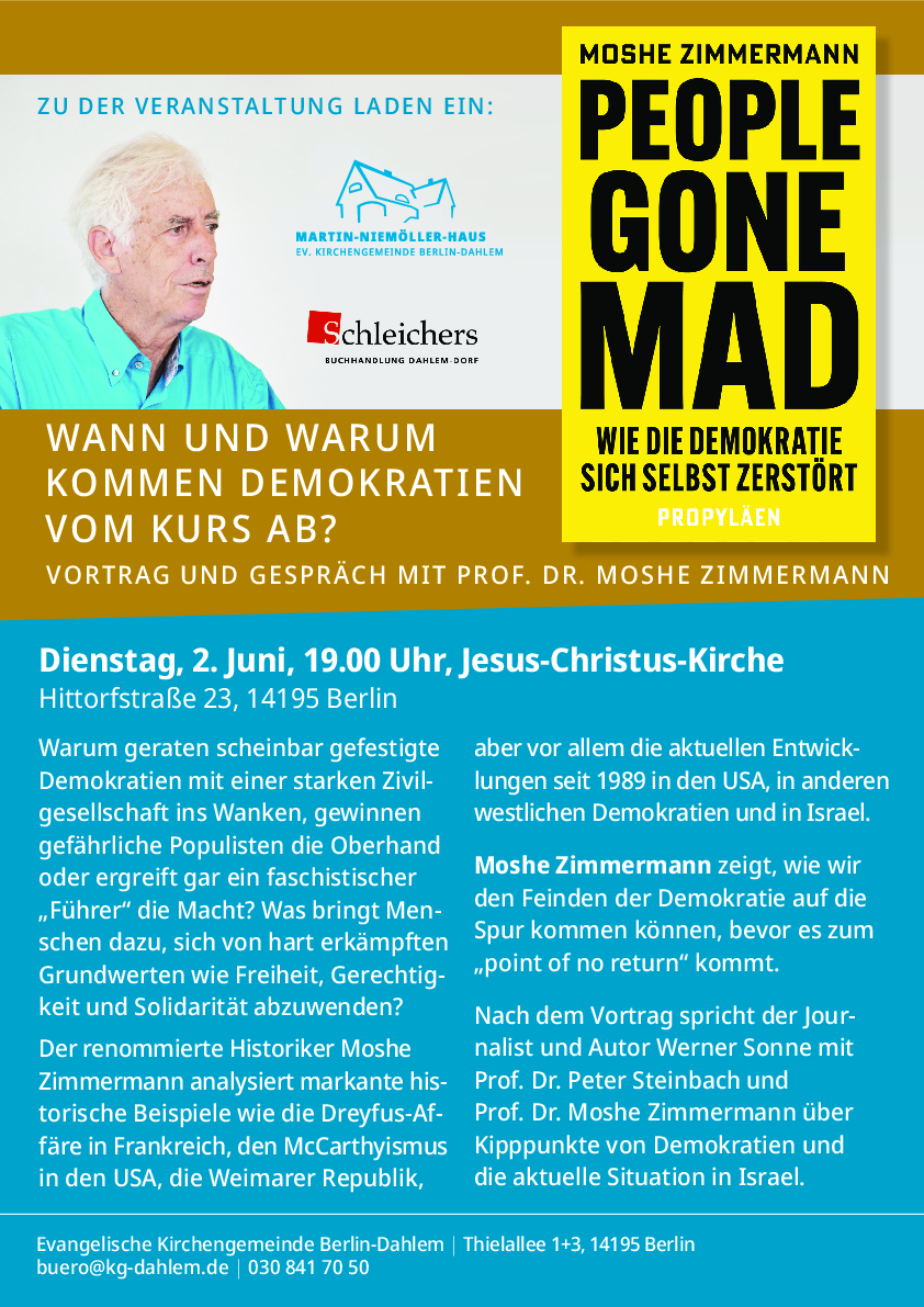 Veranstaltungsplakat Vortrag und Diskussion Moshe Zimmermann am 02.06.2026