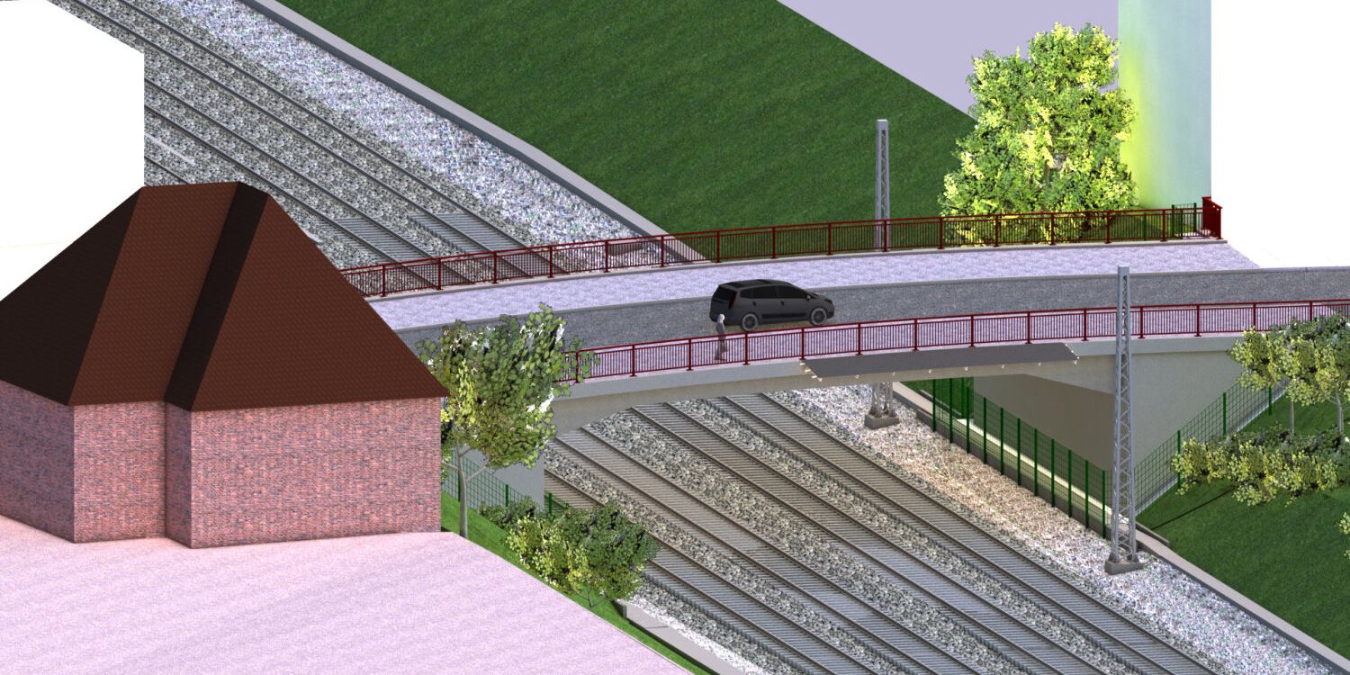 Visualisierung des Ersatzneubaus der Dunckerbrücke, Vogelperspektive in Richtung Südosten