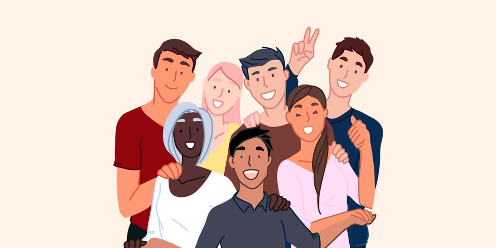 Gruppe mit jungen Menschen unterschiedlicher Nationen