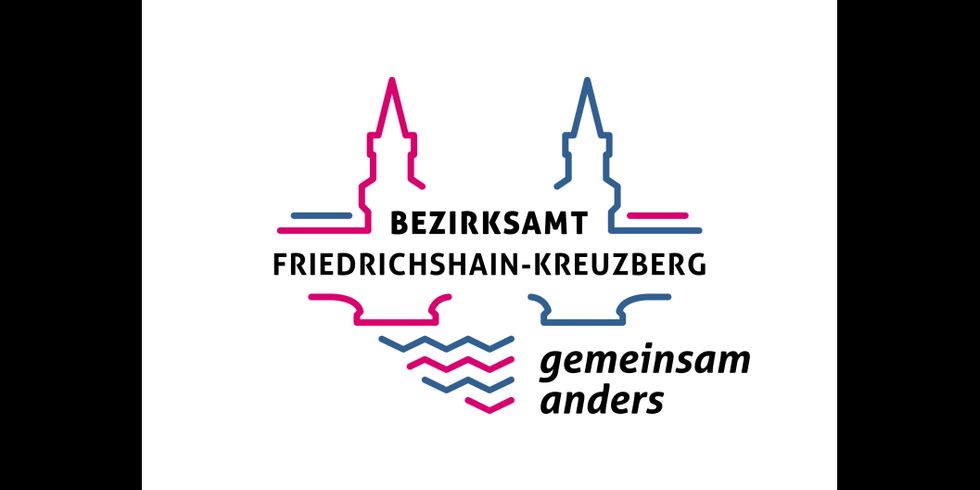 Bezirkslogo Friedrichshain-Kreuzberg mit Motto