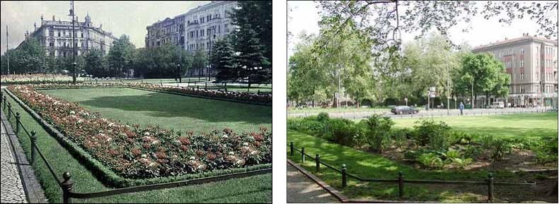 Fotovergleich historisch und heute - Blumenrabatten auf dem Savignyplatz