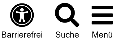Die drei Symbole Barrierefrei, Suche und Menü