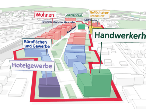 Grafik eines Stadteils mit eingezeichneten Gebäuden
