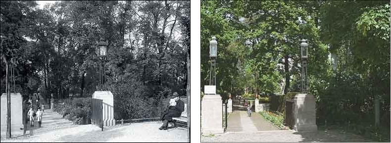 Fotovergleich historisch und heute - Eingang zum Schustehruspark an der heutigen Otto-Grüneberg-Straße