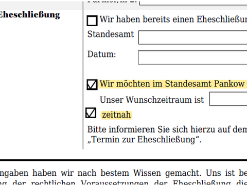 Ausfüllhinweis Eheschließungstermin zeitnah