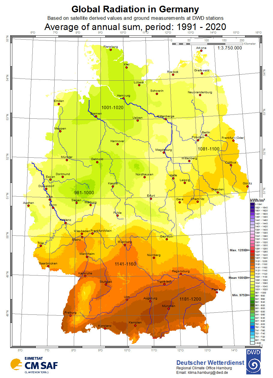 Fig. 3: Average annual sums of the global radiation in Germany for the period from 1991 to 2020 (unaltered reproduction DWD 2022) (Image: source: Deutscher Wetterdienst)