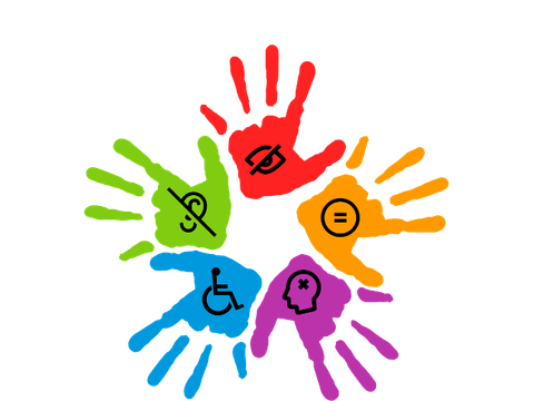 bunte Hände mit Symbolen für verschiedene Arten von Einschränkungen