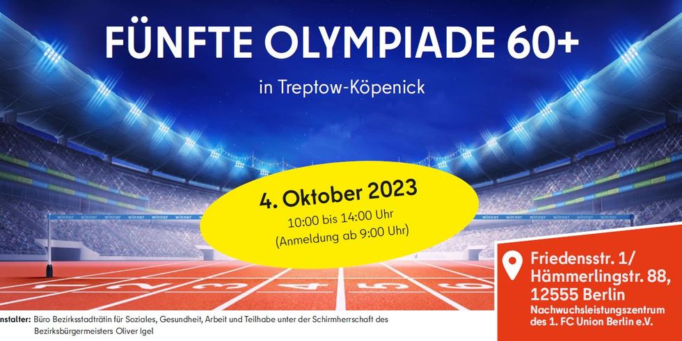 Banner Olympiade 60+ - Stadionansicht mit der Aufschrift "Fünfte Olympiade 60+"