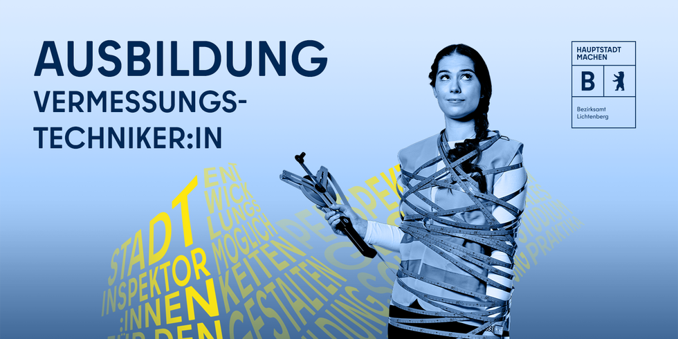 Junge Frau eingewickelt in ein Maßband, Illustration, Schriftzug Ausbildung Vermessungstechniker:in