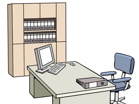 Leichte Sprache Bild: Büro - Aktenschrank und Schreibtisch mit Computer und Aktenordner sowie ein Bürostuhl