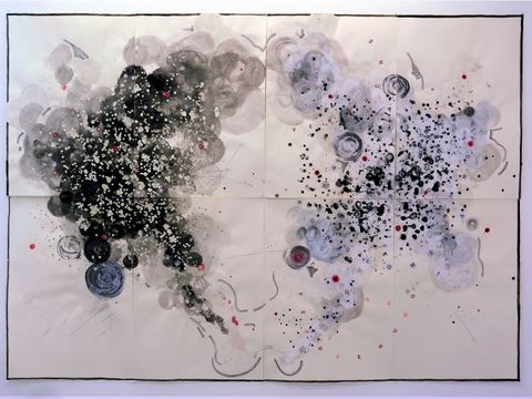 Ulrike Flaig: Versuchsanordnungskonglomerationsverdrehung, 2010, 8 Blätter, Mischtechnik auf Papier, 200x280cm (Bild: Ulrike Flaig)
