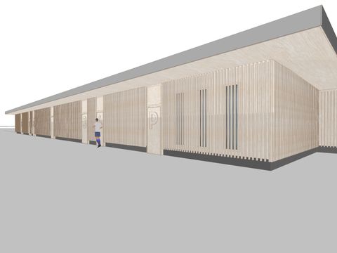 Perspektive des temporären Sportfunktionsgebäudes Campus Schöneberger Linse