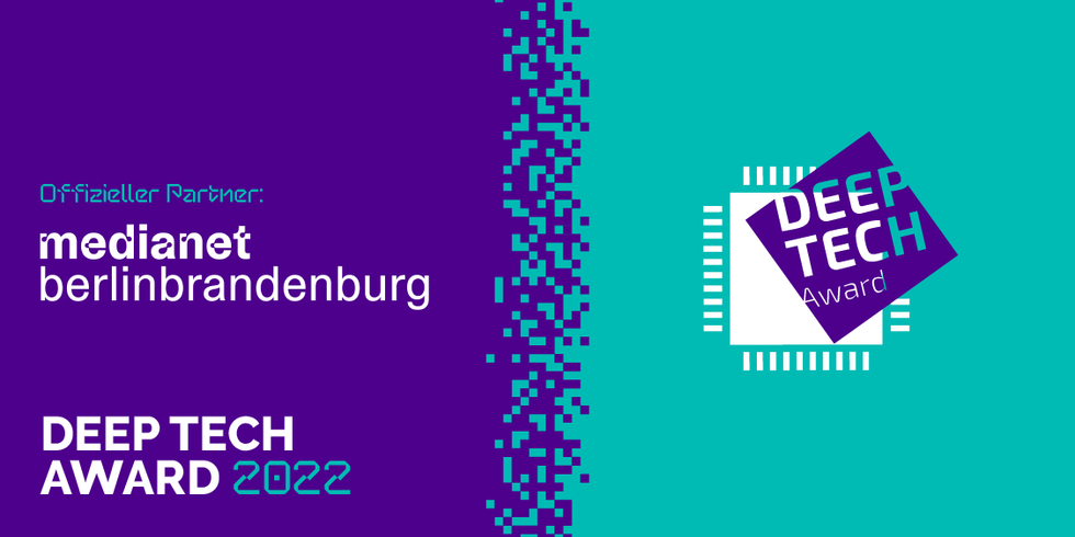 Logos medianet und Deep Tech auf lila/türkisem Hintergrund