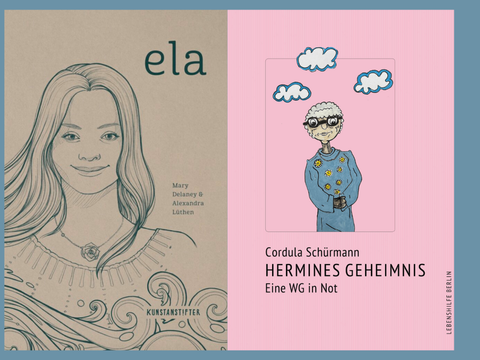 Buchcover "ela" mit Portraitzeichnung einer langhaarigen Frau und Buchcover "Hermines Geheimnis" mit Zeichnung einer älteren Frau auf rosa Hintergrund