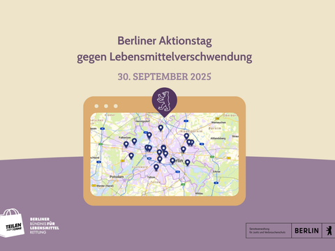 Ankündigung Berliner Aktionstag gegen Lebensmittelverschwendung am 30. September 2025 mit einer Karte des Berliner Stadtgebietes, versehen mit Markern
