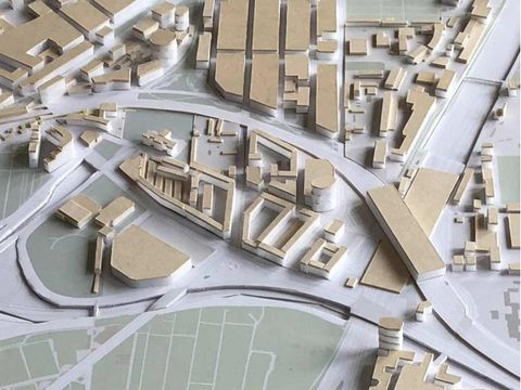 Das Bild zeigt eine Modellierung des Bereichs Schöneberg-Südkreuz, die eine mögliche zukünftige Ausgestaltung des Gebiets visualisiert.