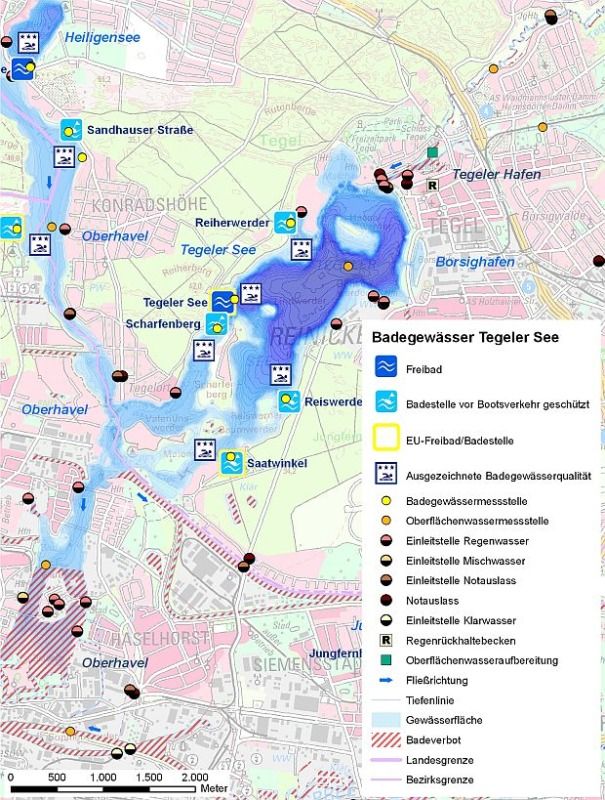 Abb. 1: Übersicht des Badegewässers Tegeler See mit Badestellen, Probenahmestellen und Einleitstellen.