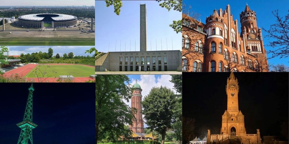 Auswahl von Wahrzeichen im Bezirk (Olympiastadion, Glockenturm, Rathaus Schmargendorf, Funkturm, Stadion Wilmersdorf, Wasserturm im Volkspark Jungfernheide, Grunewaldturm)